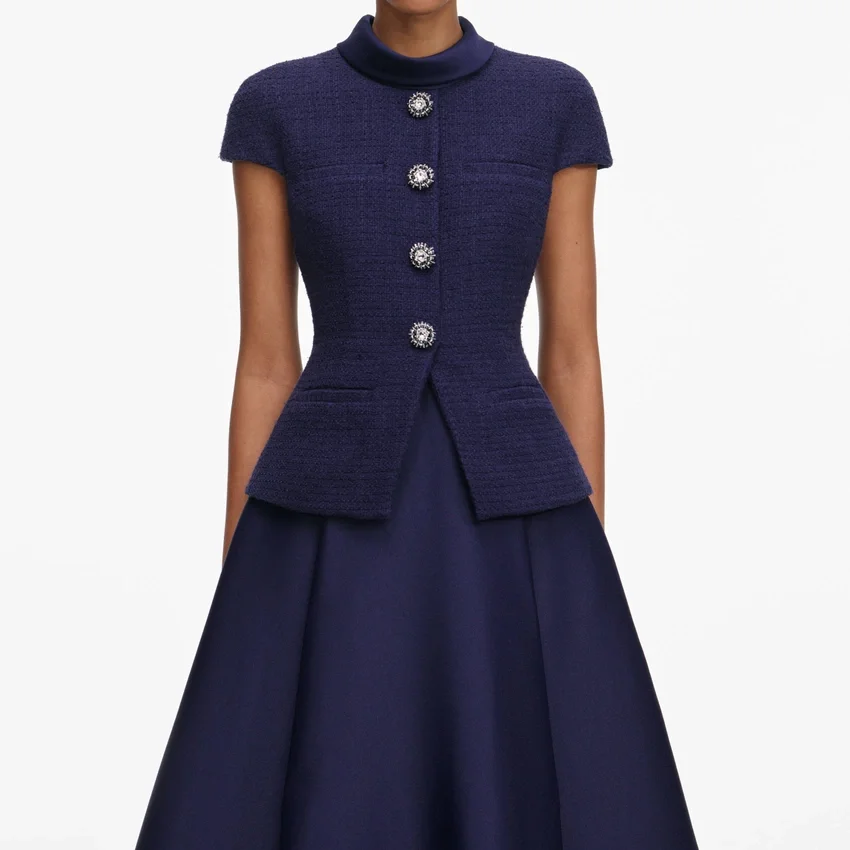 Navy Boucle Taffeta Midi Dress Navy Boucle Taffeta Midi Dress