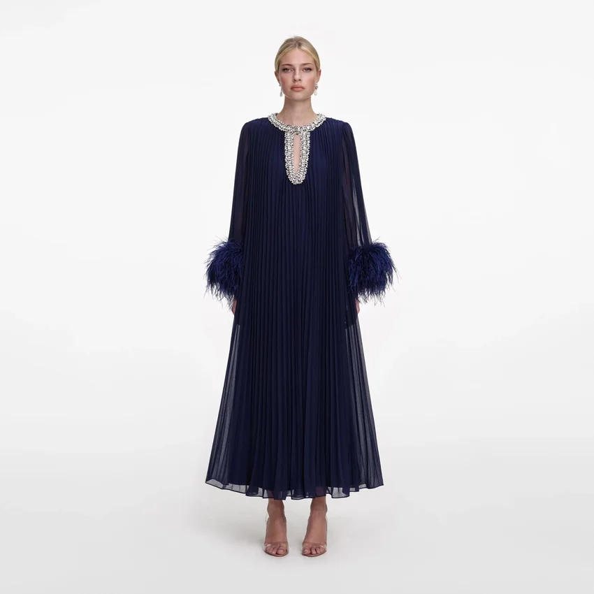Navy Chiffon Feather Midi Dress Navy Chiffon Feather Midi Dress