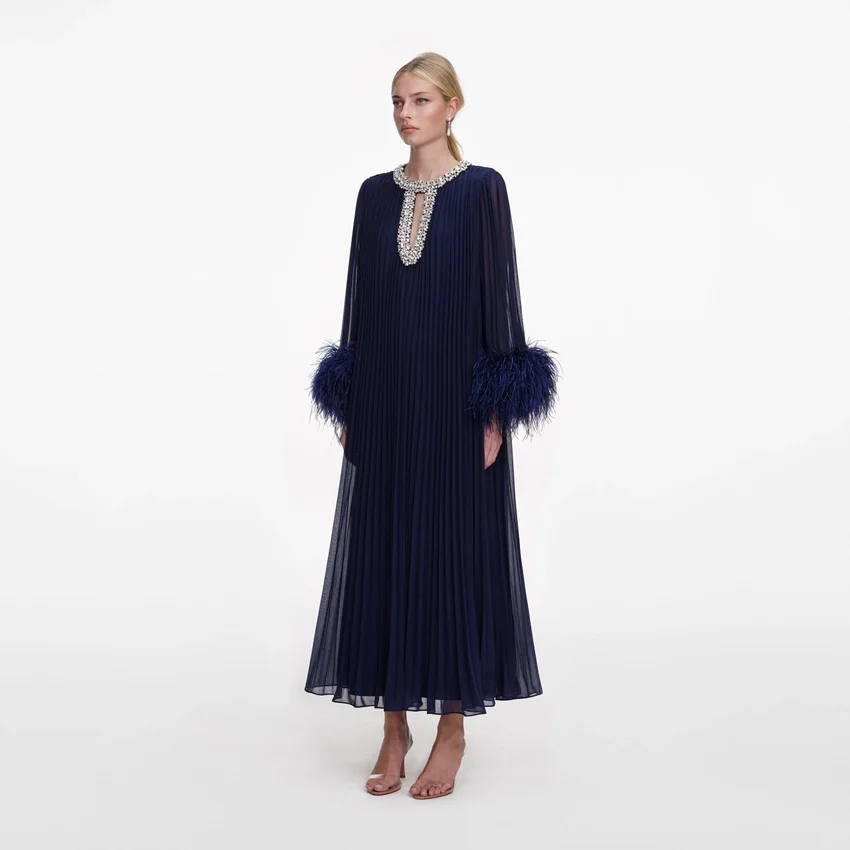 Navy Chiffon Feather Midi Dress Navy Chiffon Feather Midi Dress