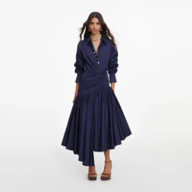 Navy Cotton Asymmetric Midi Dress