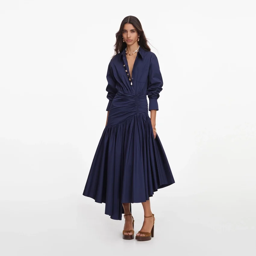 Navy Cotton Asymmetric Midi Dress Navy Cotton Asymmetric Midi Dress