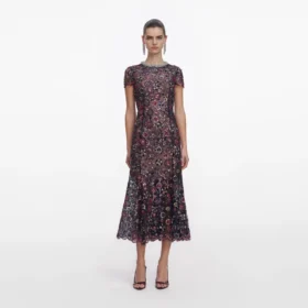 Navy Floral Sequin Midi Dress