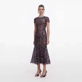 Navy Floral Sequin Midi Dress