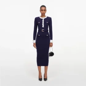 Navy Flower Rib Knit Midi Dress