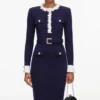 Navy Flower Rib Knit Midi Dress