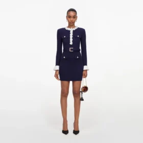 Navy Flower Rib Knit Mini Dress