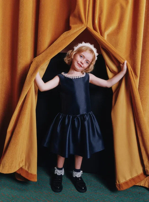 Navy Flower Scallop Taffeta Dress Navy Flower Scallop Taffeta Dress