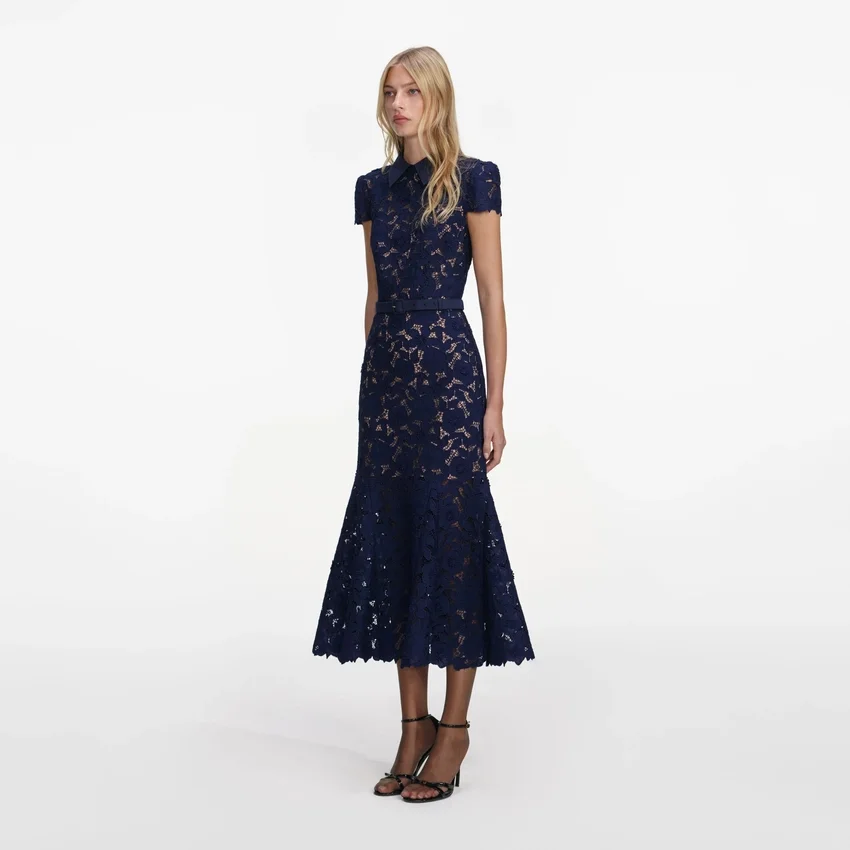 Navy Guipure Lace Midi Dress Navy Guipure Lace Midi Dress