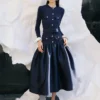 Navy Knit Taffeta Midi Dress