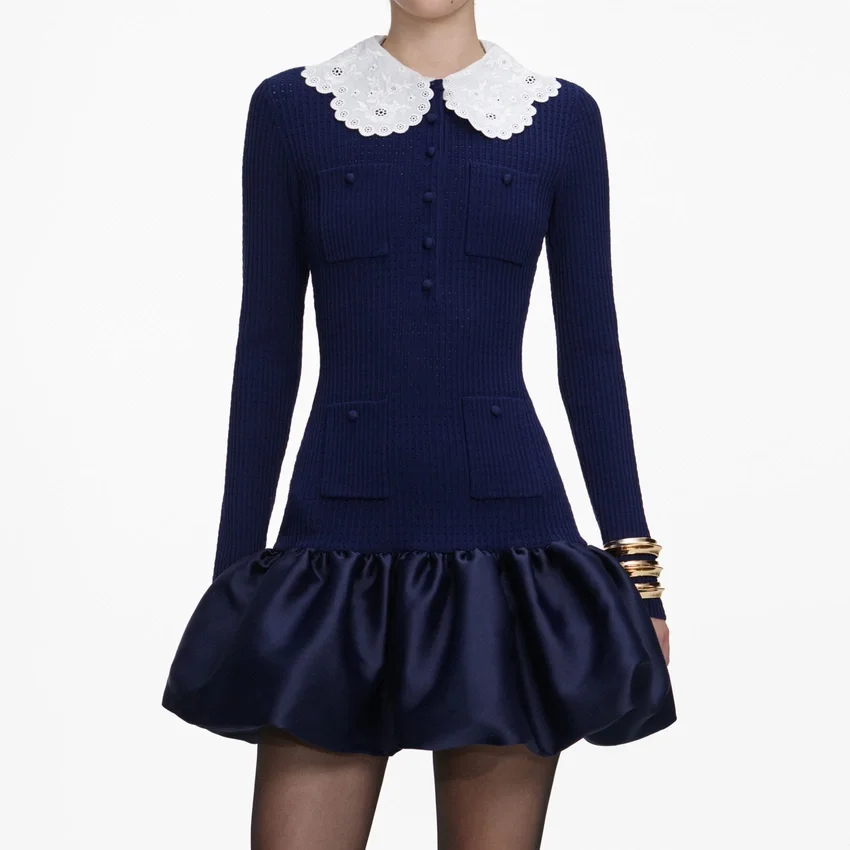 Navy Knit Taffeta Mini Dress Navy Knit Taffeta Mini Dress