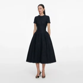 Navy Metallic Boucle Midi Dress