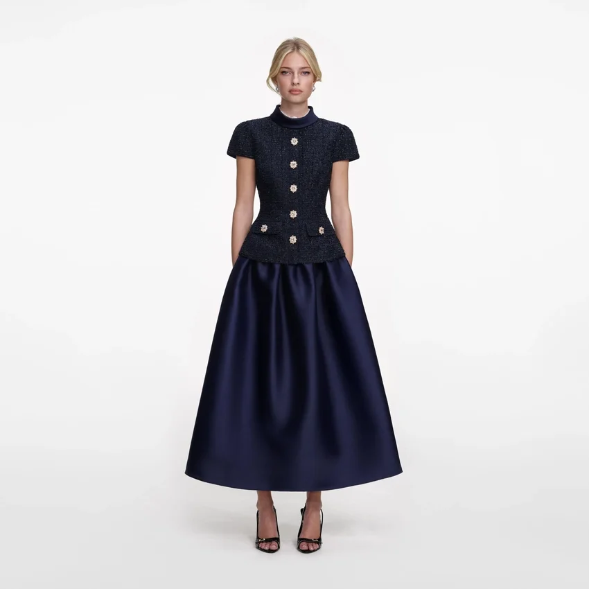 Navy Metallic Boucle Taffeta Midi Dress Navy Metallic Boucle Taffeta Midi Dress