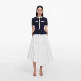 Navy Peplum Pointelle Knit Top