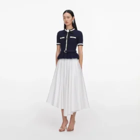Navy Peplum Pointelle Knit Top