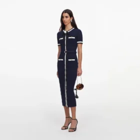 Navy Pointelle Knit Midi Dress