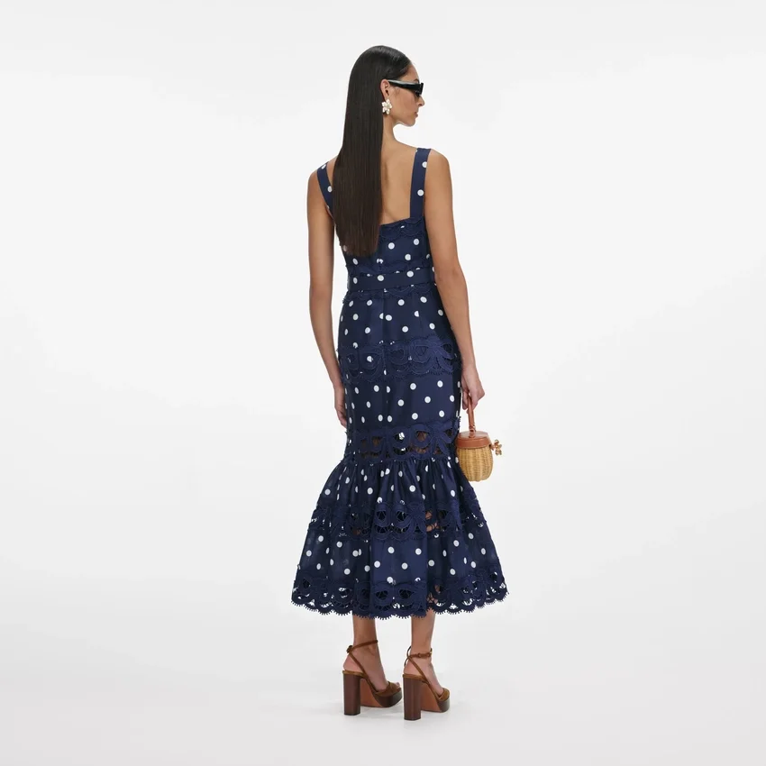 Navy Polka Dot Linen Midi Dress Navy Polka Dot Linen Midi Dress