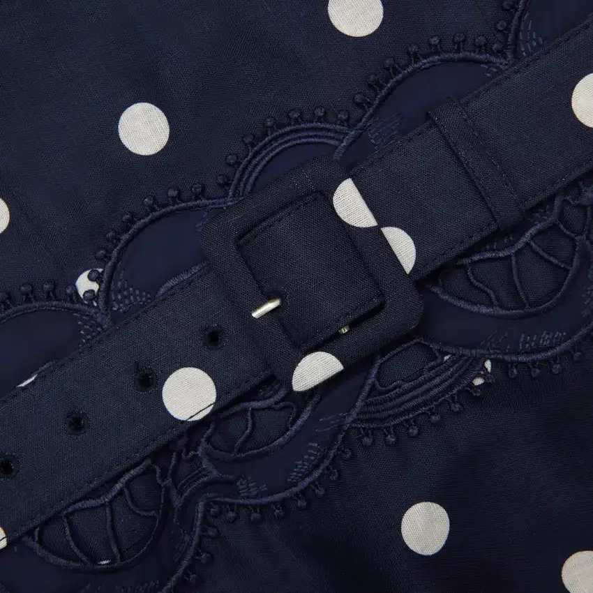 Navy Polka Dot Linen Midi Dress Navy Polka Dot Linen Midi Dress