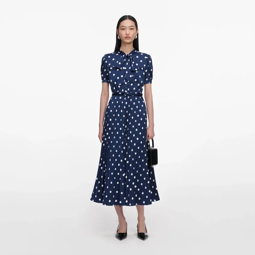 Navy Polka Dot Satin Midi Dress Navy Polka Dot Satin Midi Dress