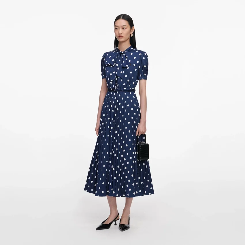 Navy Polka Dot Satin Midi Dress Navy Polka Dot Satin Midi Dress