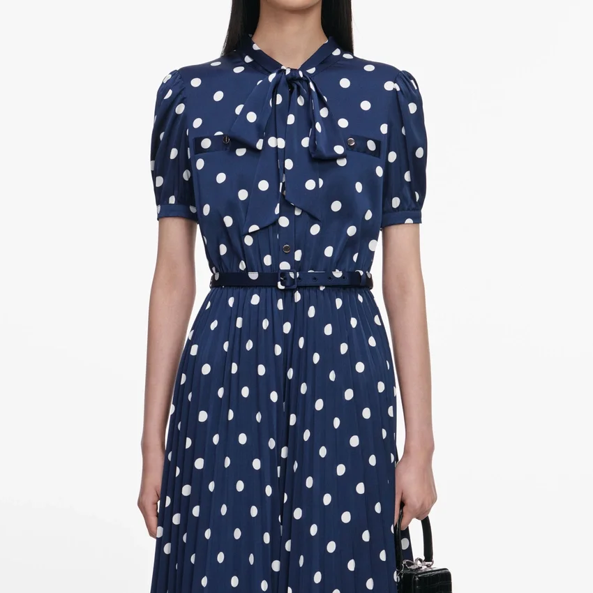 Navy Polka Dot Satin Midi Dress Navy Polka Dot Satin Midi Dress