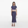 Navy Polka Dot Satin Midi Skirt