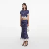 Navy Polka Dot Satin Midi Skirt