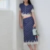 Navy Polka Dot Satin Midi Skirt