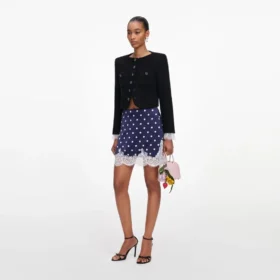 Navy Polka Dot Satin Mini Skirt