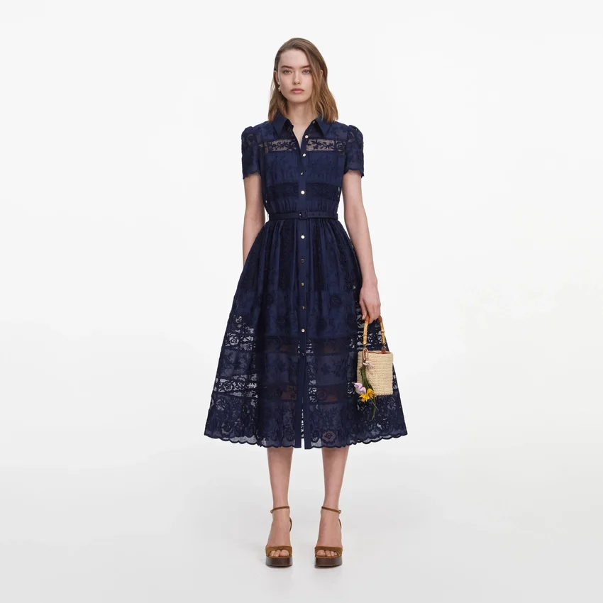 Navy Ramie Collared Midi Dress Navy Ramie Collared Midi Dress