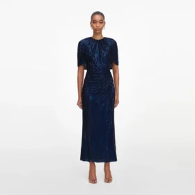 Navy Rhinestone Cape Sleeve Midi Dress