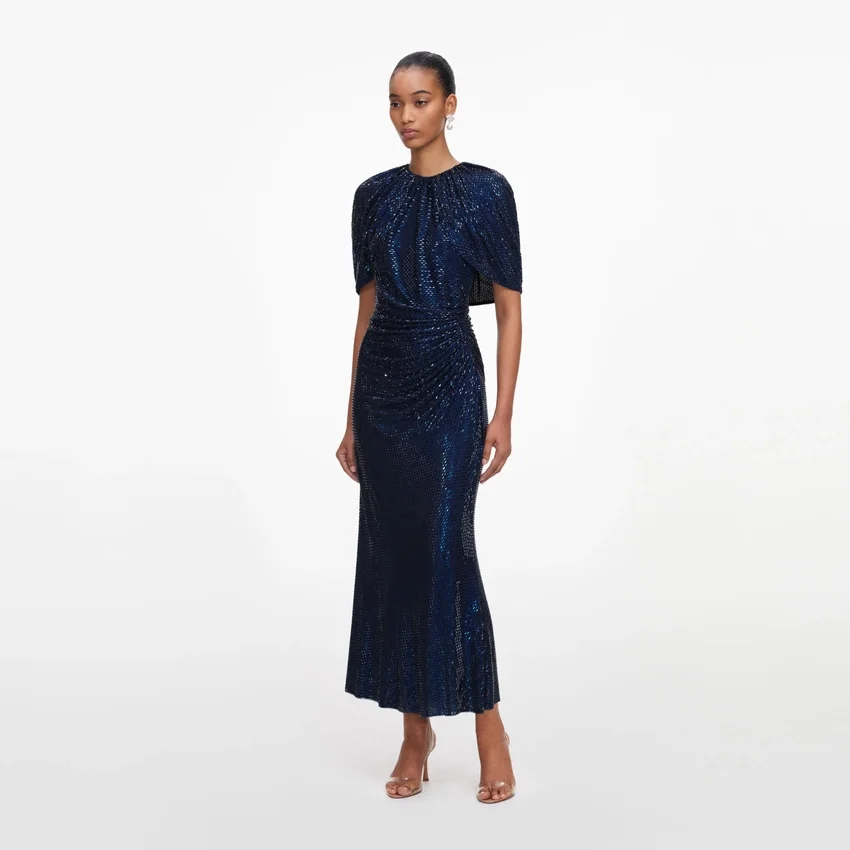 Navy Rhinestone Cape Sleeve Midi Dress Navy Rhinestone Cape Sleeve Midi Dress