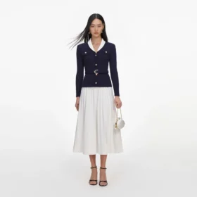 Navy Ribbed Knit Contrast Midi Dress