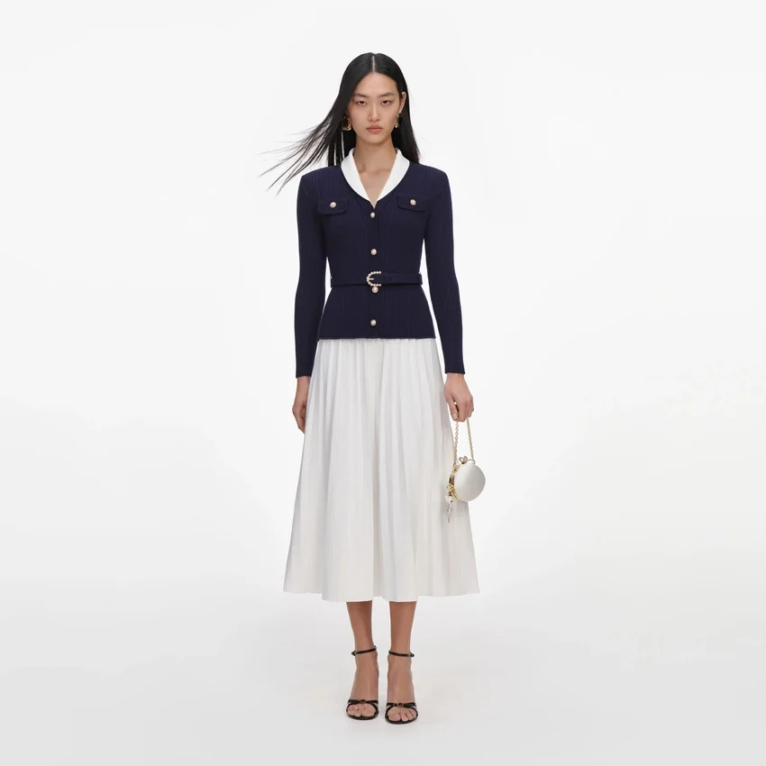 Navy Ribbed Knit Contrast Midi Dress Navy Ribbed Knit Contrast Midi Dress