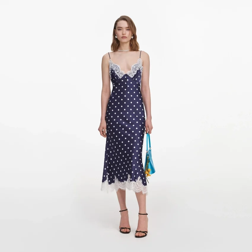 Navy Satin Polka Dot Midi Dress Navy Satin Polka Dot Midi Dress