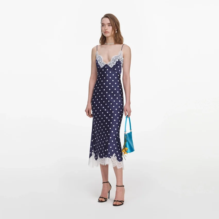 Navy Satin Polka Dot Midi Dress Navy Satin Polka Dot Midi Dress