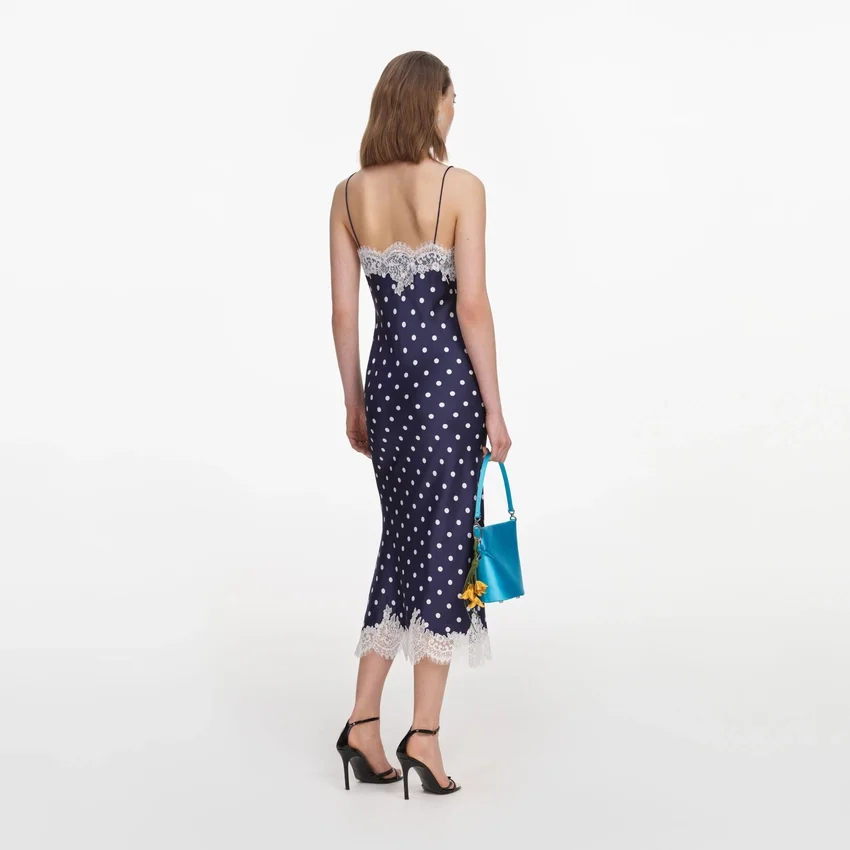 Navy Satin Polka Dot Midi Dress Navy Satin Polka Dot Midi Dress