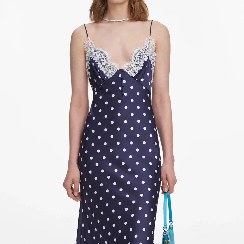 Navy Satin Polka Dot Midi Dress Navy Satin Polka Dot Midi Dress