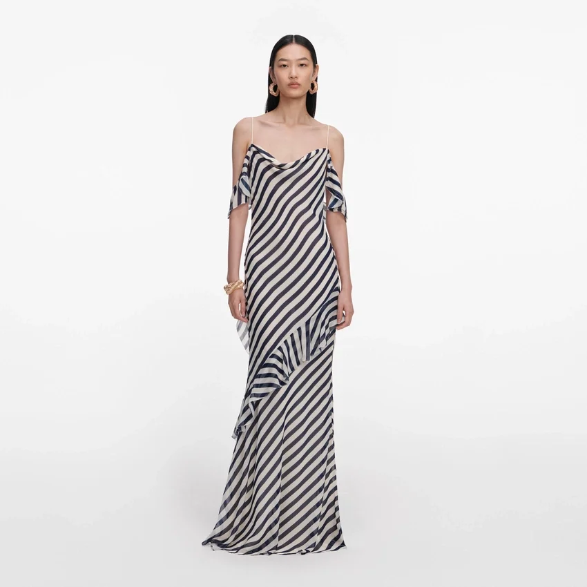 Navy Stripe Georgette Maxi Dress Navy Stripe Georgette Maxi Dress