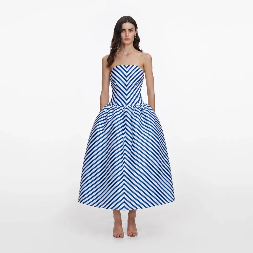 Navy Stripe Taffeta Midi Dress Navy Stripe Taffeta Midi Dress