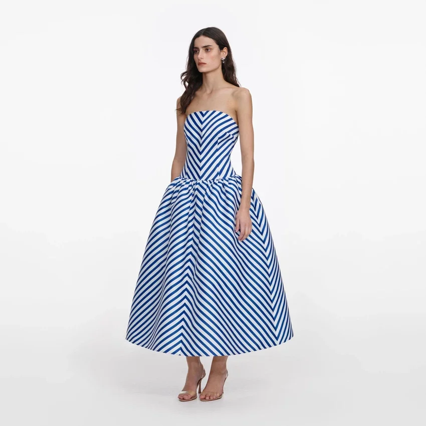 Navy Stripe Taffeta Midi Dress Navy Stripe Taffeta Midi Dress
