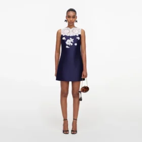 Navy Taffeta Lace Mini Dress