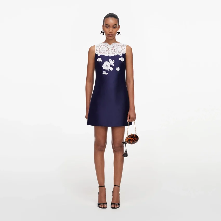 Navy Taffeta Lace Mini Dress Navy Taffeta Lace Mini Dress