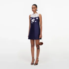 Navy Taffeta Lace Mini Dress