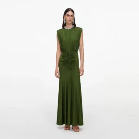 Olive Jersey Gathered Maxi Dress