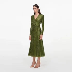 Olive Rhinestone Mesh Wrap Midi Dress