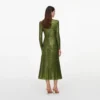 Olive Rhinestone Mesh Wrap Midi Dress
