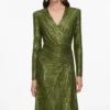 Olive Rhinestone Mesh Wrap Midi Dress