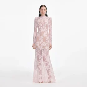 Pale Pink Rhinestone Lace Maxi Dress