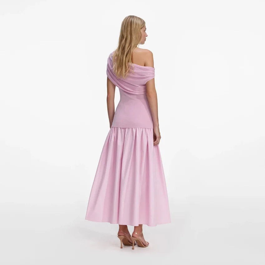 Pink Cotton Draped Knit Midi Dress Pink Cotton Draped Knit Midi Dress