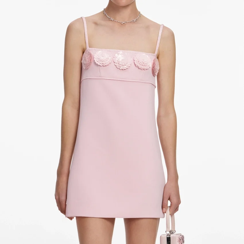 Pink Crepe 3D Sequin Flower Mini Dress Pink Crepe 3D Sequin Flower Mini Dress